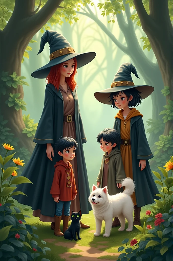 A family of three, a black cat and a white dog. They should represent a beautiful witch with short reddish hair,  an older son with black hair and a black-haired daughter with a witch's hat and a younger son who is a magician. Place them in a place surrounded by nature. You must have a black cat with green eyes and small, a fluffy white dog