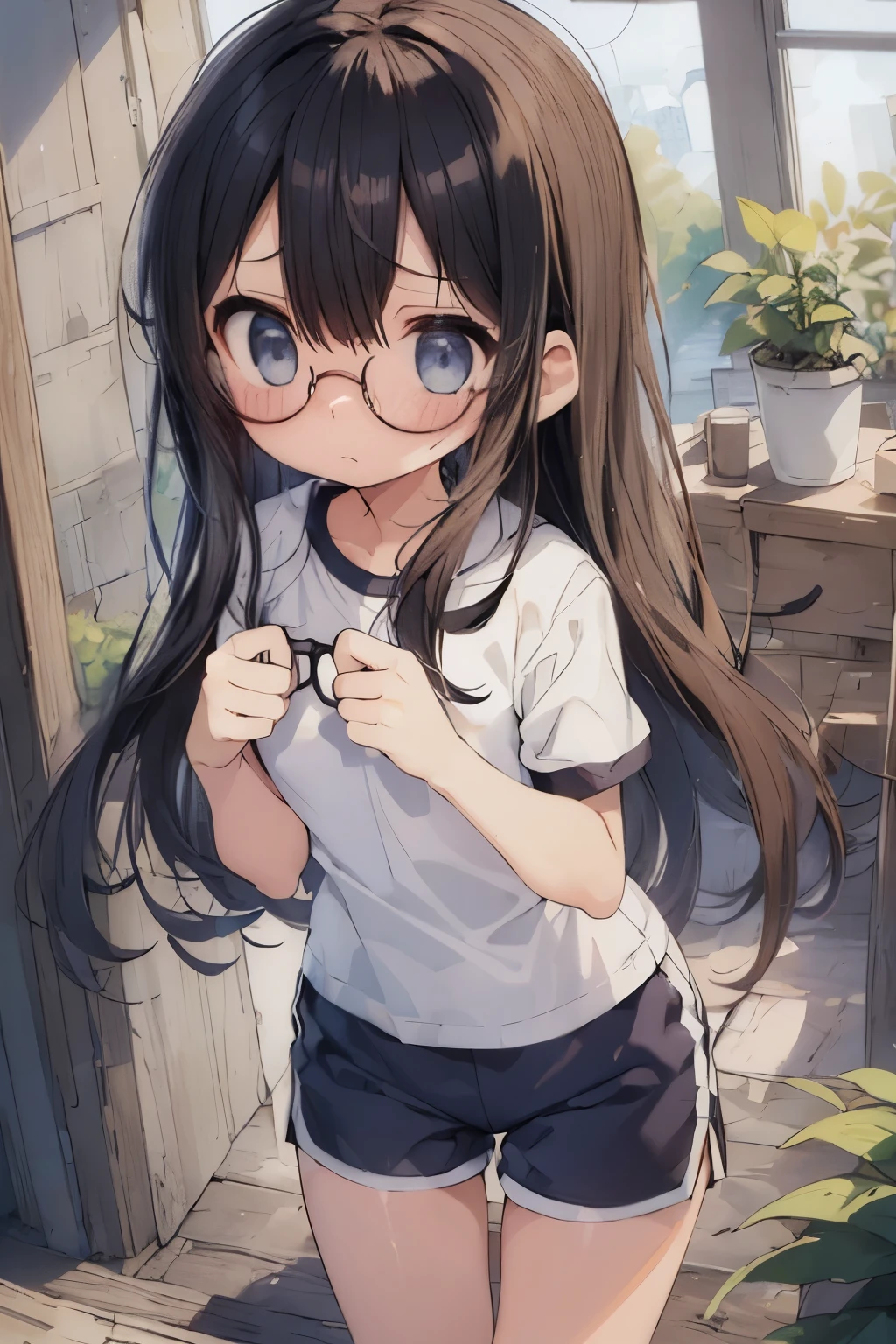 (big round glasses:1.3)、(Cowardly、sorrow、blush、Watery eye:1.2)、Long black hair、White short sleeve shirt、(Navy blue shorts、Wide-legged shorts、Shorts and thigh gap、Wide opening in shorts:1.3)、(Gym suit)、  body、Flat body