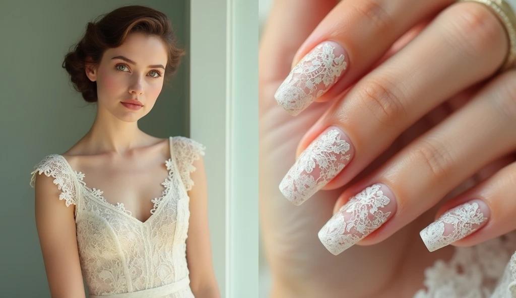 Vintage Lace Nail Art with a Retro Model: The nails feature intricate lace patterns in soft white, with delicate floral motifs and fine details reminiscent of vintage lace. The background model, dressed in a retro, 1950s-inspired outfit with a lace dress, stands on the left, providing the inspiration for the lace design on the nails. The model’s lace attire subtly mirrors the nails, creating a cohesive connection between the two.