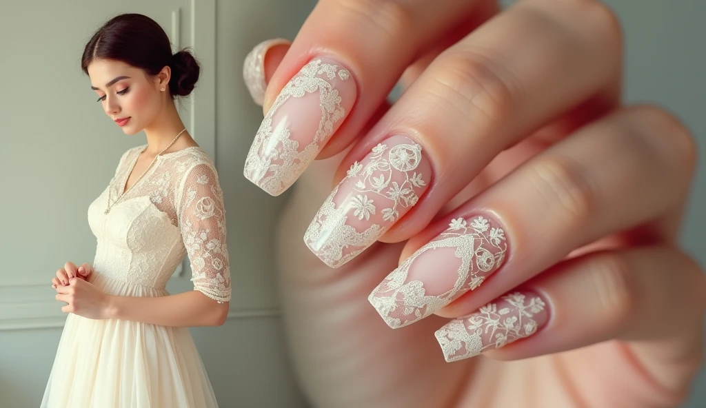 Vintage Lace Nail Art with a Retro Model: The nails feature intricate lace patterns in soft white, with delicate floral motifs and fine details reminiscent of vintage lace. The background model, dressed in a retro, 1950s-inspired outfit with a lace dress, stands on the left, providing the inspiration for the lace design on the nails. The model’s lace attire subtly mirrors the nails, creating a cohesive connection between the two.
