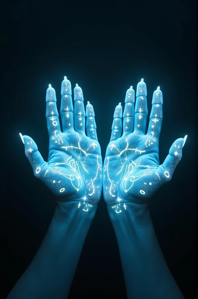 Hands with phosphorescent drawings 
