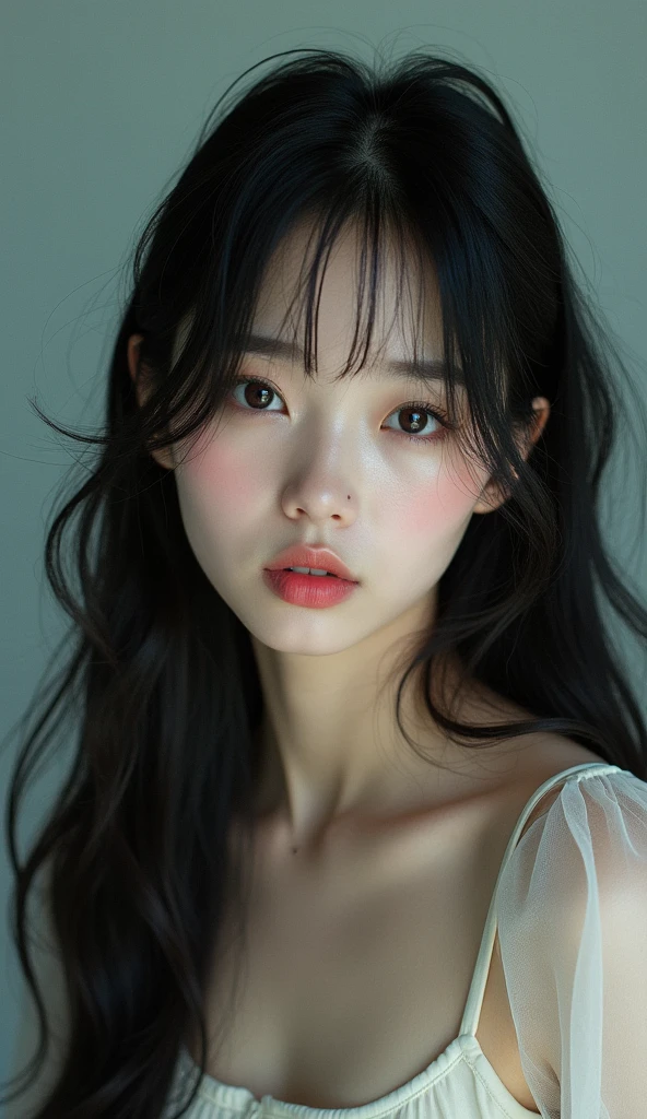 Masterpiece, surreal, 30 year old female Ethnic facial features Beautiful face, pink lips Natural makeup, full body Eyelash emphasis Hair style Long straight black hair, bangs, eyebrows Clothing Casual above knee length dress, above knee length boots,