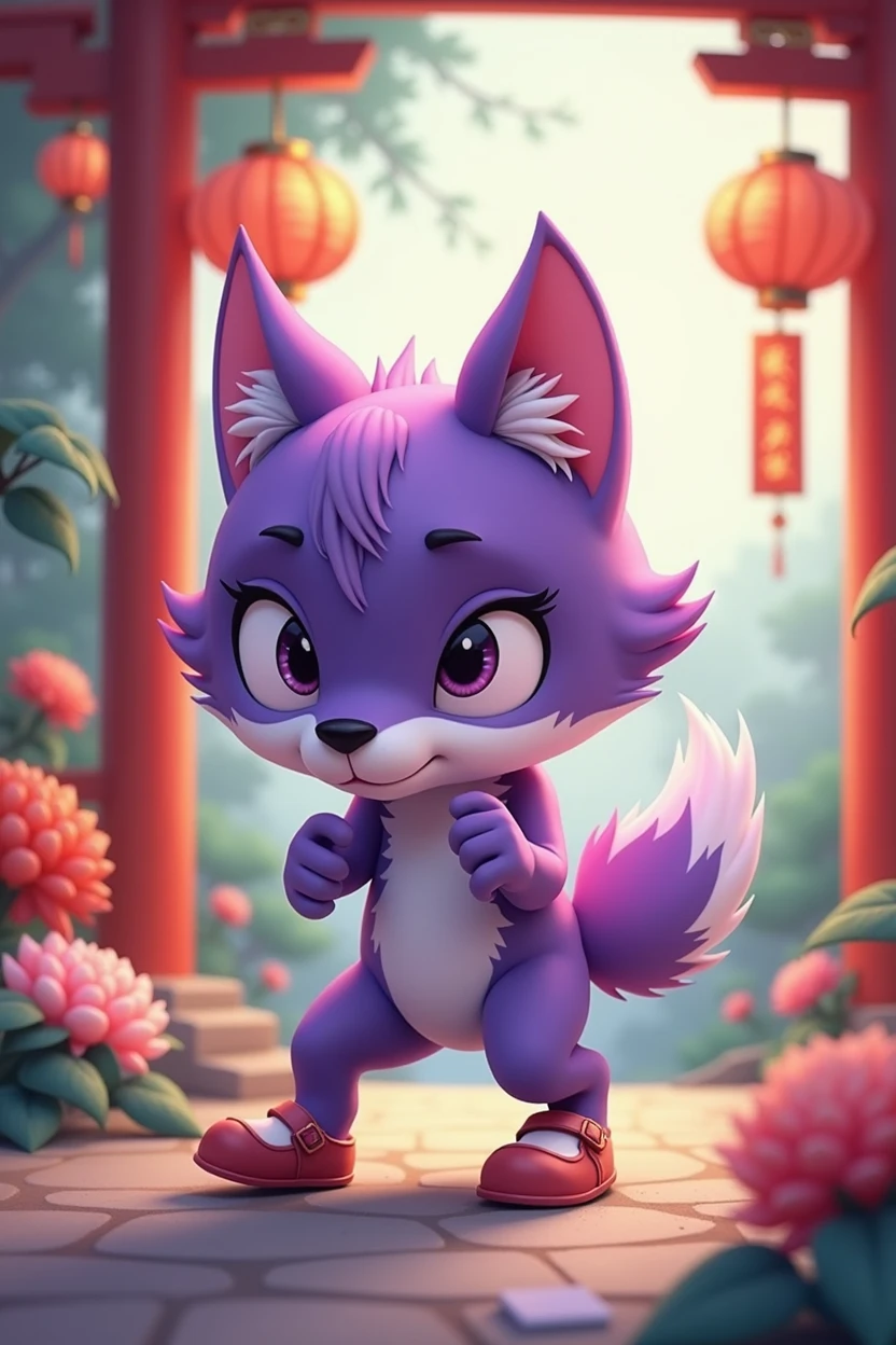 a purple wolf,cute,Wearing shoes,walking carefully,The expression is nervous,Move carefully,background chinese style,