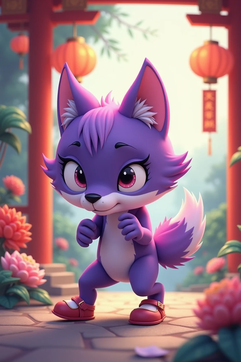 a purple wolf,cute,Wearing shoes,walking carefully,The expression is nervous,Move carefully,background chinese style,