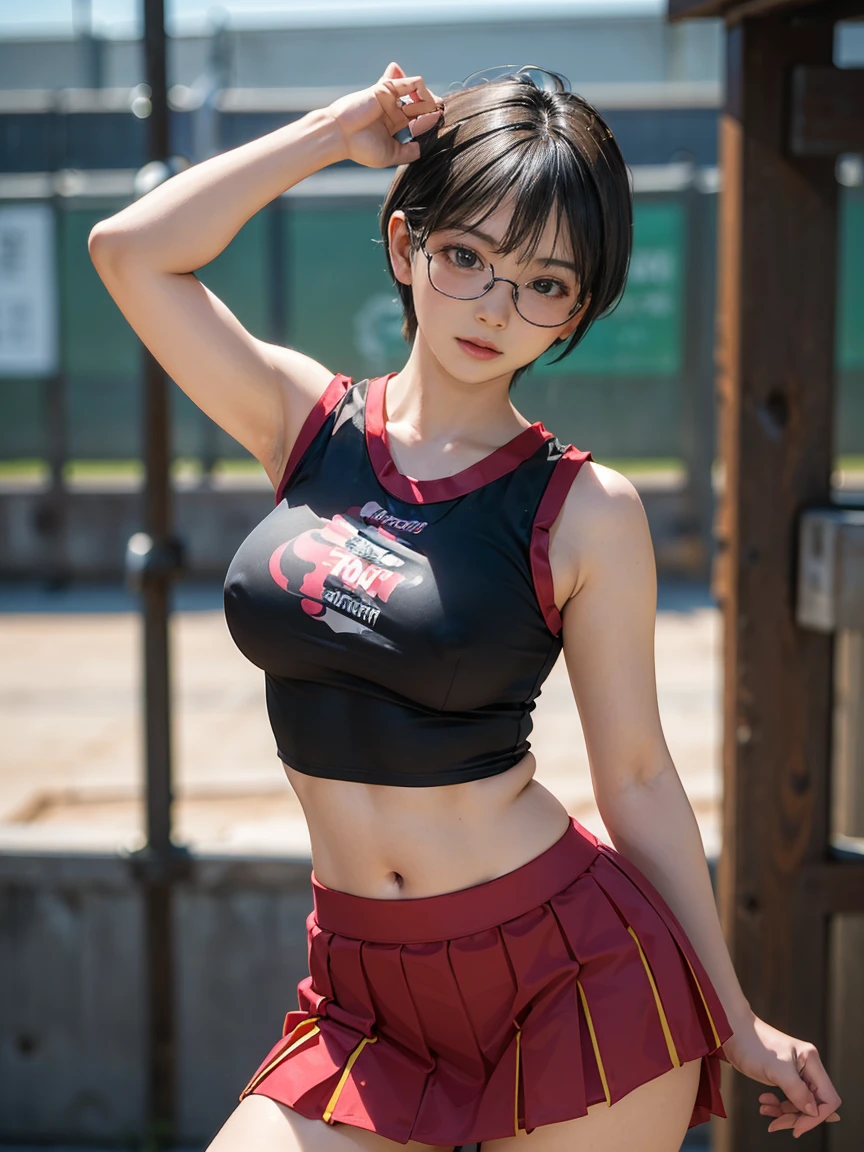 8k, RAW Photos, Highest quality, masterpiece, Realistic, Realistic, (1 Ultimate beauty), 野球cheer leading部,(Strictly adhere to a composition where only one person appears in the photo)、(At the baseball stadium)(Wear rimless glasses)((Female Cheerleader))(cheer leading) (((Bold-colored sleeveless shirt and flared skirt)))Highly detailed face, (Perfect Teeth), fine grain, double eyelid, eyelash, Lip details, (((Black hair pixie cut)), (((Very large breasts)))Big Breasts,(((Accentuate your cleavage)))(((Squat)))(((Squat姿勢)))((Sexy pose))(((It emphasizes the crotch...)))Cowboy Shot,  Soft Light, ((Written boundary depth)) 
Proceed with caution，((, Japanese women)), (((moderately fleshy body, Tight waist))), (((Front view, Realistic))Front view