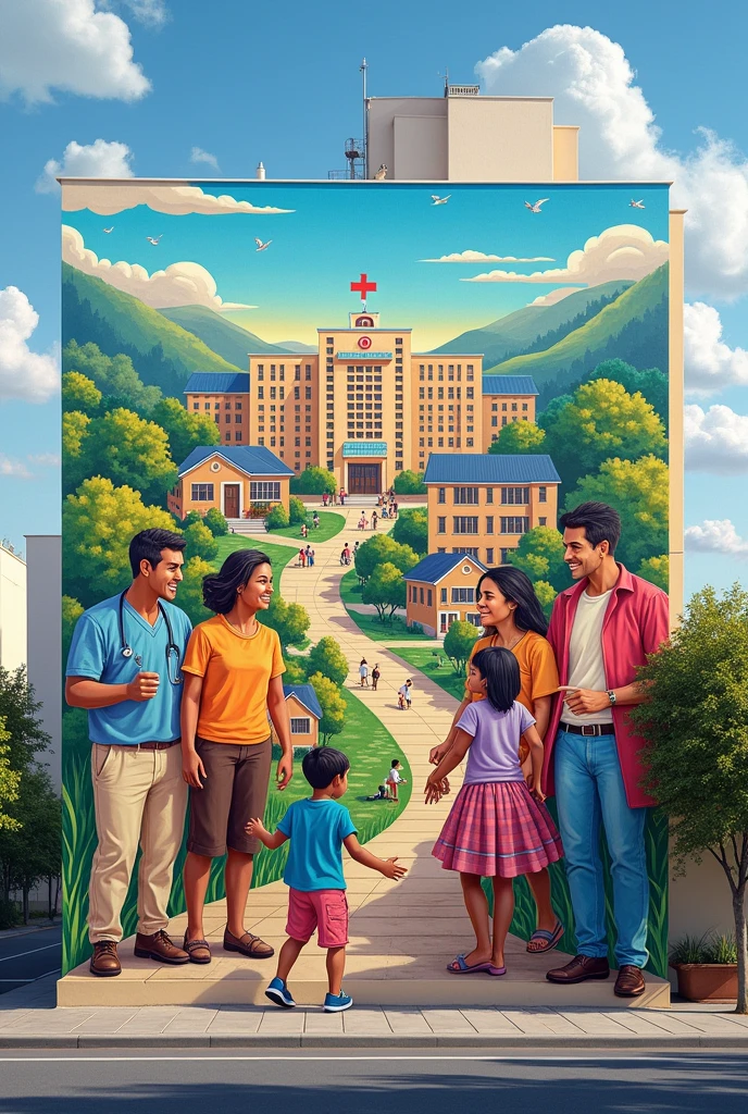 Mural painting ideas "Caring community."
 It shoul emphasize hospital role fostering compassion and wellness, extending care beyond it's walls to strengthen the entire community.