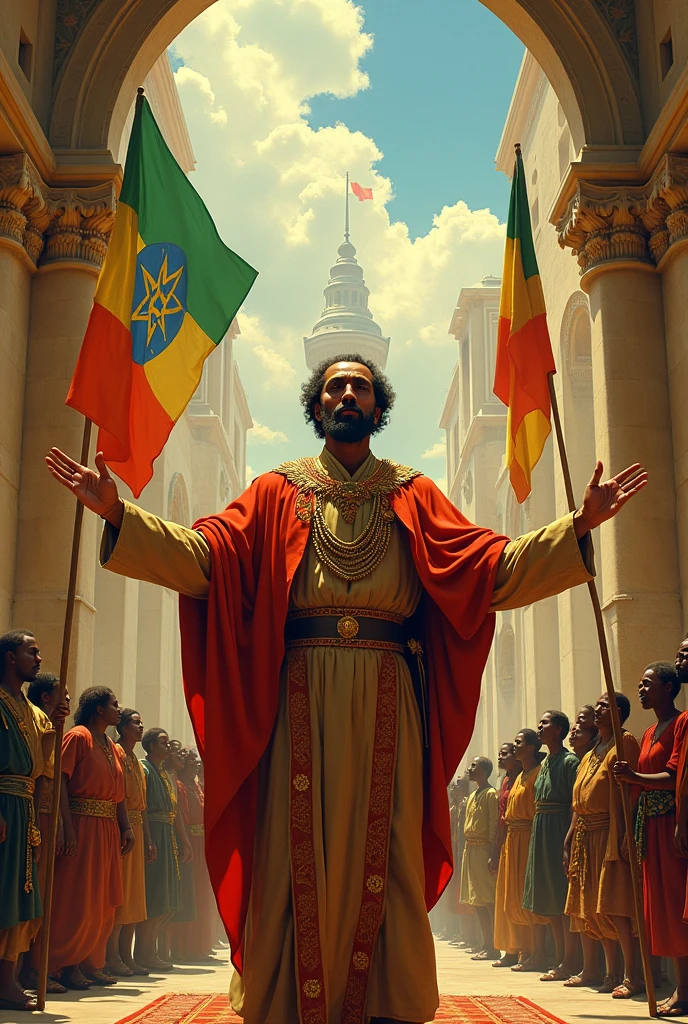Reggae album cover of the great emperor jah Selassie liberator of Ethiopia further from the image of open arms symbolizing freedom in a large space as if it were a great castle, being venerated by all his people and the flags of Ethiopia , 80s reggae aesthetic