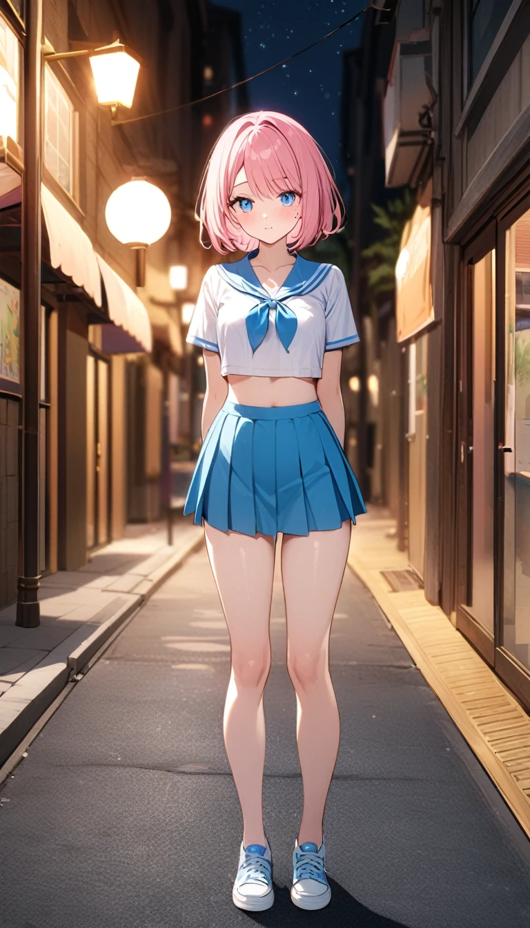(Perfect body),Best Quality,16 K,(Official art)、(((((Lori)))))、(NSFW)、(((((blush))))),(:o)、(V-shaped eyebrows)、embarrassed from、(((((Brown skin))))),(((Short hair))), (((Orange Eyes))),((((Pink hair)))),(Sweat),(((small tits))),((((Wavy Hair)))),Ahoge,hair clips,(white knee-socks),(((Big ass))),(((Light blue striped panties)))、(School uniform)、(((Mini skirt)))、(((((Panchira)))))、((flat chest))、(((thick thighs)))、(((((short in stature)))))、In the street、posterior view、((from behind))
