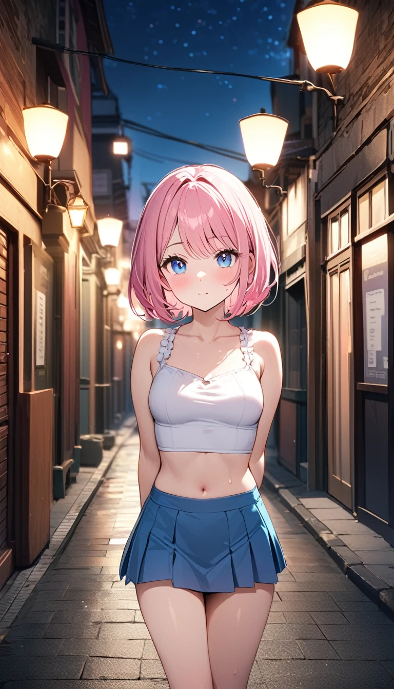 ((masterpiece,best quality, high resolution)), 1girl, solo, pink eyes, pink long hair tied with blue ribbon, blunt bangs, perfect breasts, round breasts, croptop, fishnets clothing, (fishnets:1.3), (exposed midriff), (exposed bra:1.3), (see through:1.4), (see through shirt:1.3), (on street), dramatic light, heavy rain, lanterns, bokeh effect, detailed iris, sparkle eyes, star in eyes, sadness, sad eyes, soulful pink eyes, (multicolored eyes), (shining dust), (pink hair:1.3), (messy hair:1.3), (hair between eyes), (hair over one eye:1.2), (wavy hair:1.1)