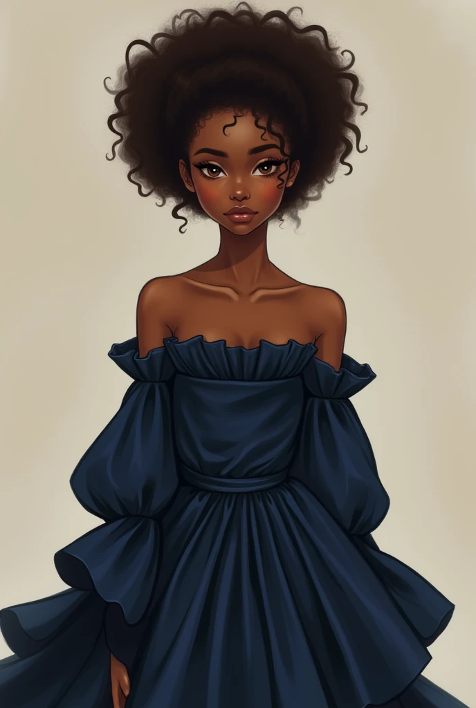 A girl with brown skin tone and curly hair.
Wearing full sleeve navy blue gown, descent and serious pose.