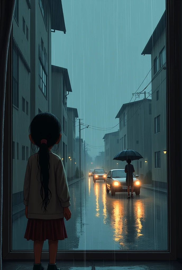 A town and this is a rainy day and two buildings are to side and hum cars and a girl is looking from the living room and a boy is walking on the road with an umbrella