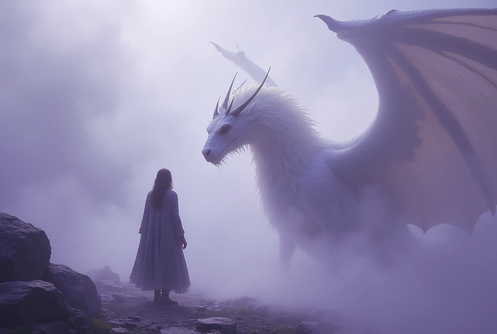 masterpiece, Ultra high definition, Fantasy, in a thick fog, The Person Turning Their Back, The dragon blending with the mist, A beautiful dragon with white fur, The dragon is faintly visible. An encounter between a dragon and a human., [Purple Cloud],, crap