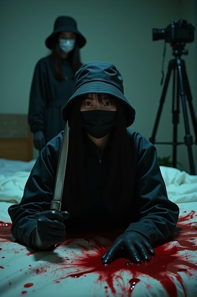 korean girl, (behind corpse, holding knife), black surgical mask, black gloves, room full of blood, black raincoat, bucket hat, holding knife, black gloves, woman on top, behind corpse, blood splatter, on the bed, night, mass murderer, killer, long bangs, blood splatter, dark atmosphere, cinematic lighting, atmospheric realistic, close-up, tripod and camera in the back, shooting with camera