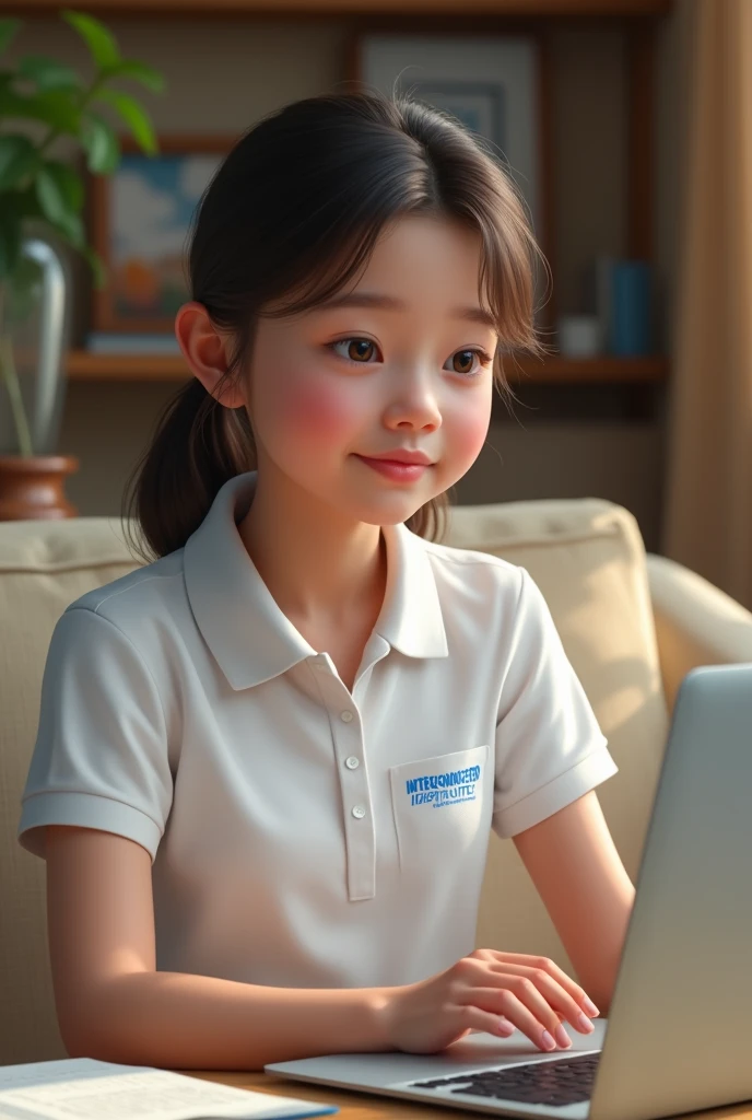 Disney girl wearing a white polo shirt, sitting with her computer( complete macbook) studying languages virtually
In the shirt pocket it should say: INTERCONNECTED INSTITUTE, only in blue letters and uppercase , not so big letters in one line