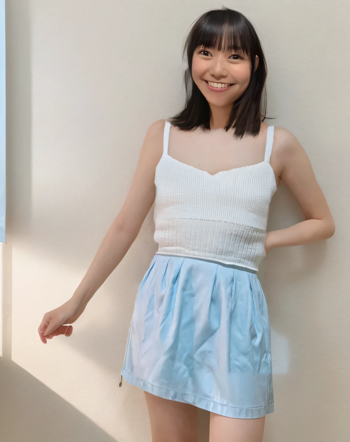 Super detailed,Highest quality,1 female,Standing in a room with white walls, looking at you.,illuminated by sunlight from the window,Posing for a photo,The background is blurred