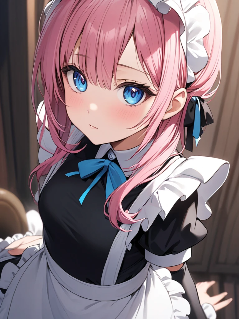 A young girl with pink hair and blue eyes, wearing a tight maid outfit.
