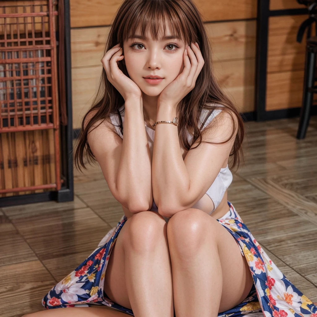 kasumi, eyes browns, (best qualityer, ultra detail), (realisitic:1.37), beautiful and detailed face, ultra-realisitic texture, Exquisite face, Delicate body, red lipgloss stick, shiny colors. High definition, 8k, expression a slight cute smile.