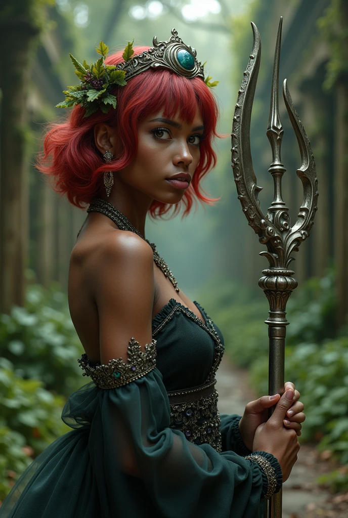1girl, indian, in Ancient ruins entwined with colossal, magical vines., Alchemist with a gleaming silver staff, Empress, Average Height, Skinny,  Dark Skin, Red Hair, ruby Eyes, Long Nose, Full Lips, Long Hair, Wavy Hair, Wavy Layered Bob, natural breasts, Faux gauge earrings, cream sheer lipstick, (detailed eyes), cinematic, 8K, DSLR photo, vintage theme, detailed, extensive, sharp, right side pose, upper body,