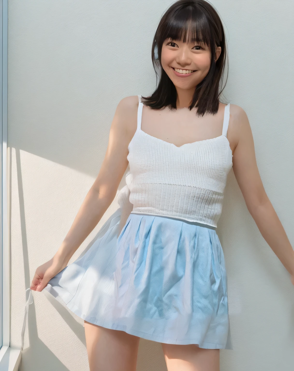Super detailed,Highest quality,1 female,Standing in a room with white walls, looking at you.,illuminated by sunlight from the window,Posing for a photo,The background is blurred