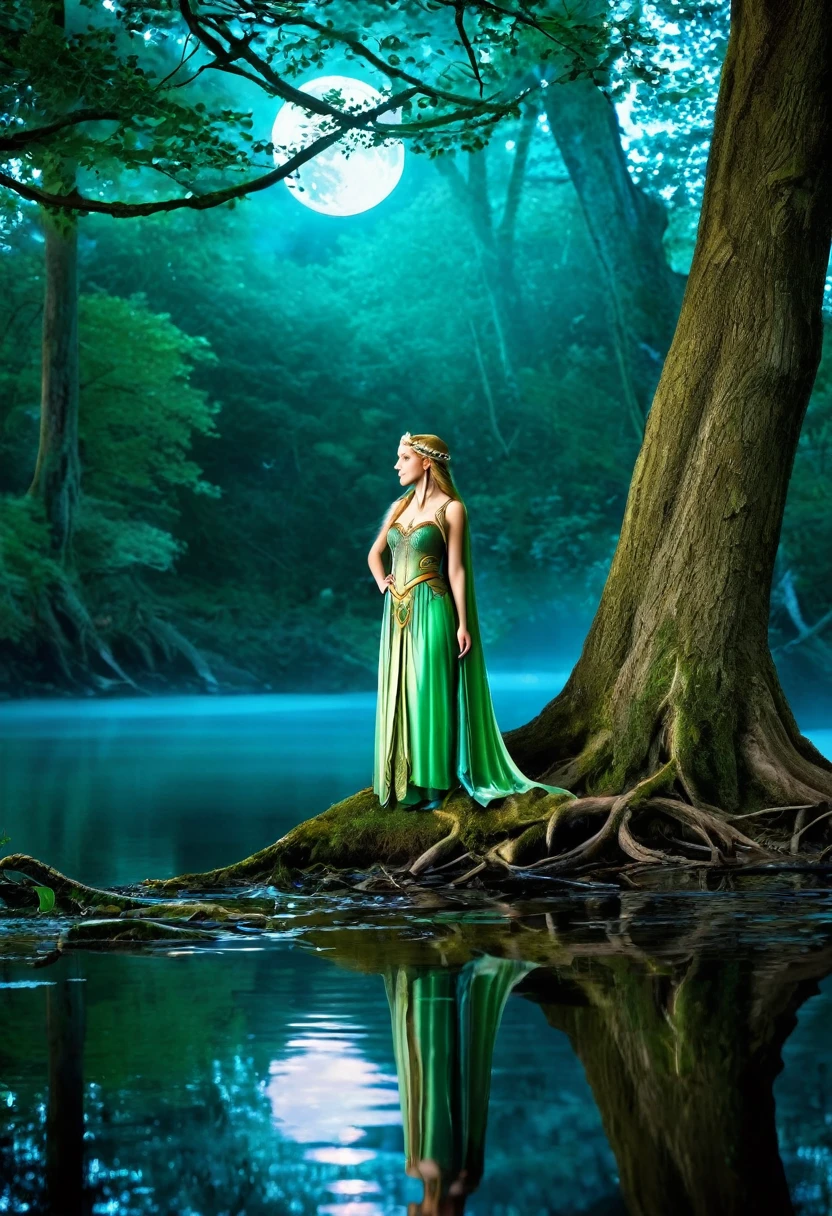 A radiant, full-bodied elf princess named Liora finds herself lost in the heart of a mystical forest.., where ancient trees whisper secrets and shadows play under the silver glow of the moon. while she wanders, The melodies of invisible creatures guide her to the enchanting Moonwater Lake., Its depths contain reflections of forgotten tales. With an ethereal grace, Liora navigates the mysterious kingdom, Finding enigmatic beings and unraveling the threads of a destiny woven in the magical fabric of Tolkienian tradition.. The mystical embrace of the forest and the secrets within the lake reveal a journey that reflects the timeless spirit of the elves' beauty and courage.., Nikon Z8 + NIKKOR Z 24-120 mm f/4 s, perfect face, long straight light blonde-white hair, detailed face, 8k, ultra high resolution.photorealistic, HD, masterpiece, raw, innocent, Pure, Pale skin, gray blue eyes, luz magica, bright light, Foggy