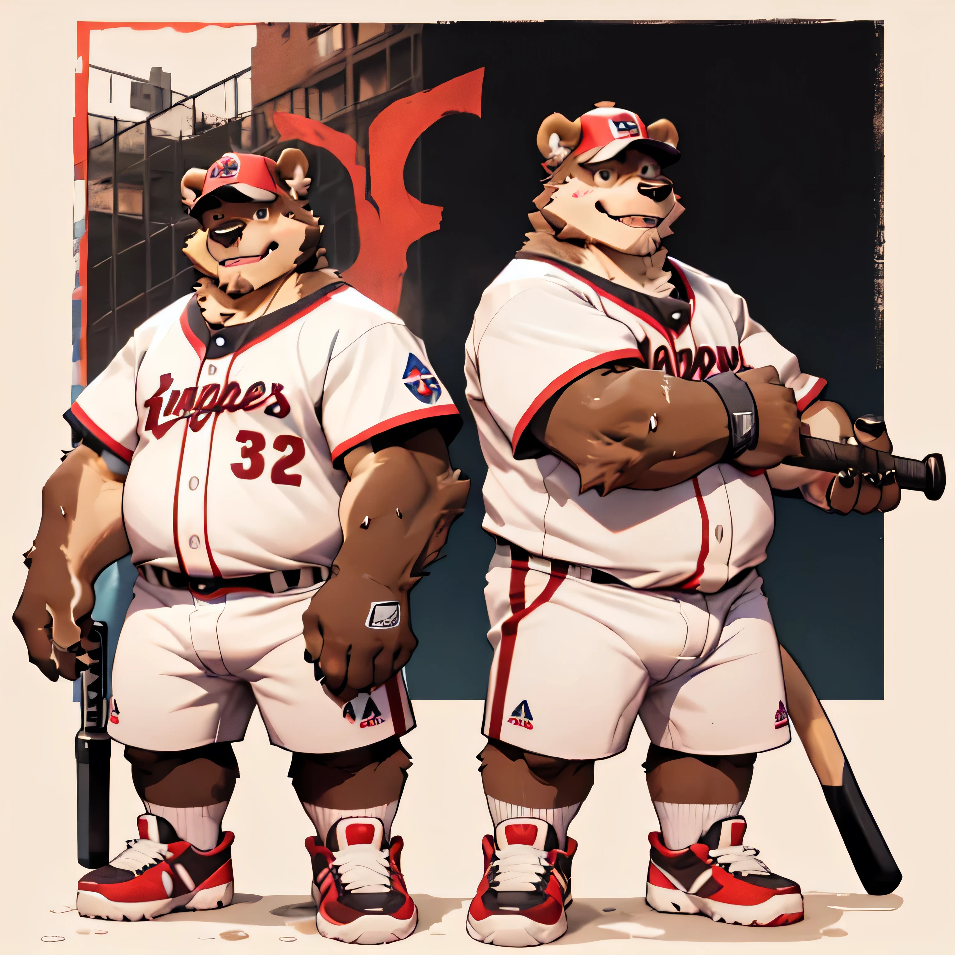 New Jersey 5 Furry, Bear，Full body portrait, male,Beautifully， Chubby，Thick Arms，Plush，front，Standing，Baseball cap，Red and white striped shirt，White shorts，sports shoes，Holding a baseball bat，Standing，Sweating，Smile