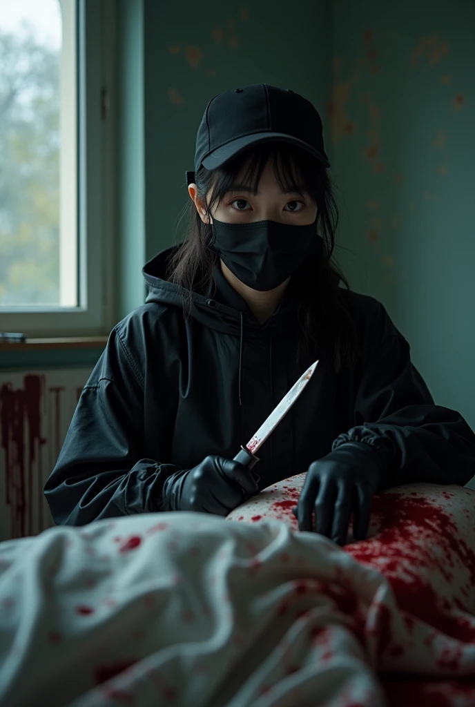 korean girl, (behind corpse, holding knife), stabbing, black surgical mask, black gloves, room full of blood, black raincoat, trucker hat, holding knife, black gloves, woman on top, behind corpse, blood splatter, on the bed, looking at viewer, mass murderer, killer, low ponytail, blood splatter, dark atmosphere, cinematic lighting, atmospheric realistic, light from the window, close-up,