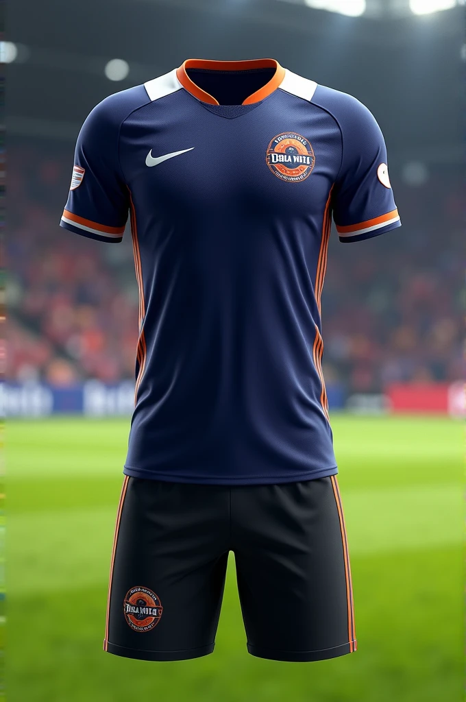 Custom soccer uniform in navy blue primary color with white and orange details and black shorts with a crest on the left side of the chest that says bela vista 