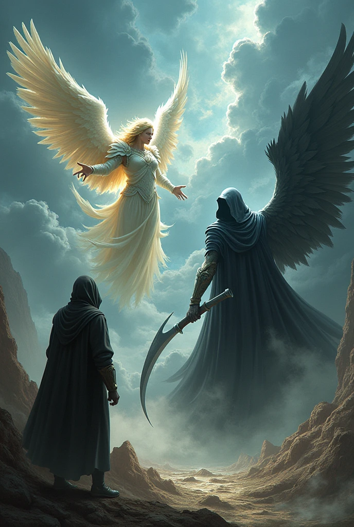 Un ange qui se bat avec la faucheuse et un regarde le combat
