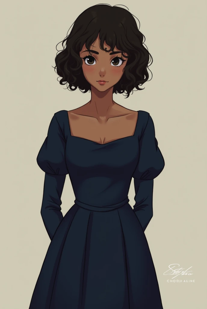 A girl with brown skin tone and curly hair.
Wearing full sleeve navy blue gown, descent and serious pose. Anime character.