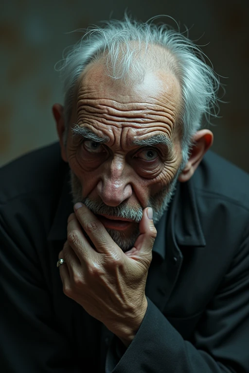 Image of a man thinking with a realistic and scary evil face, an old man is thoughtful. The man had insane ideas.