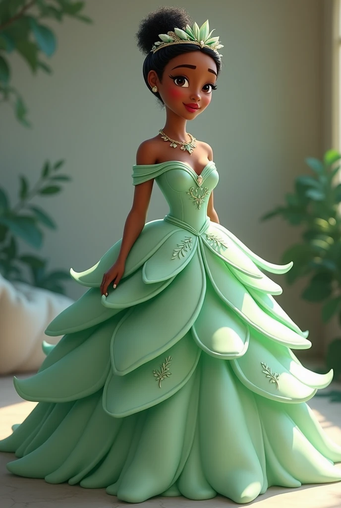 In her iconic Disney dress from *The Princess and the Frog*, Tiana wears a stunning gown inspired by a water lily. The dress is a beautiful, soft green with a fitted bodice and layered, petal-like skirt that flares out elegantly. The bodice features delicate embroidery, and the skirt's flowing layers are adorned with subtle floral accents. Tiana's look is completed with a tiara featuring a lily design, highlighting her transformation into a graceful princess.