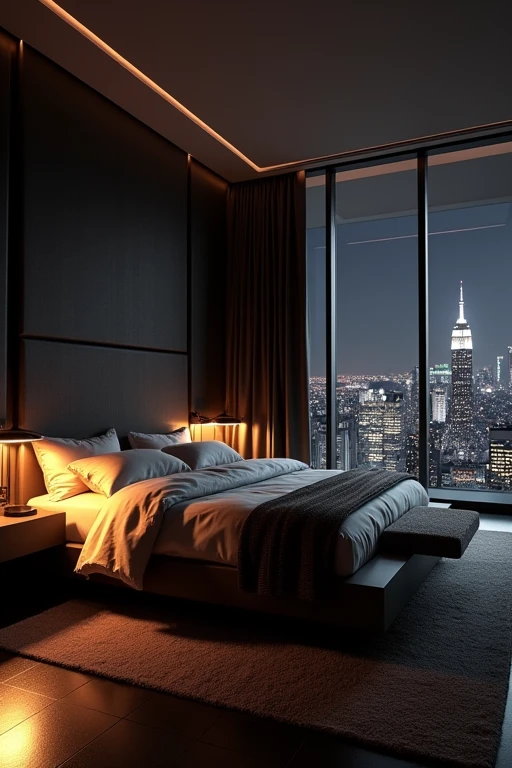 A bedroom at night with stylish lighting, lamps, and lights, many of which are luxurious and black-based.