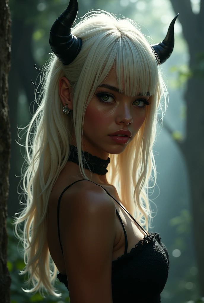 A beautiful dark-skinned girl, pink-lipped,
long platinum blonde hair with bangs,
Asian green eyes, medium slender body,
dressed as a little devil.