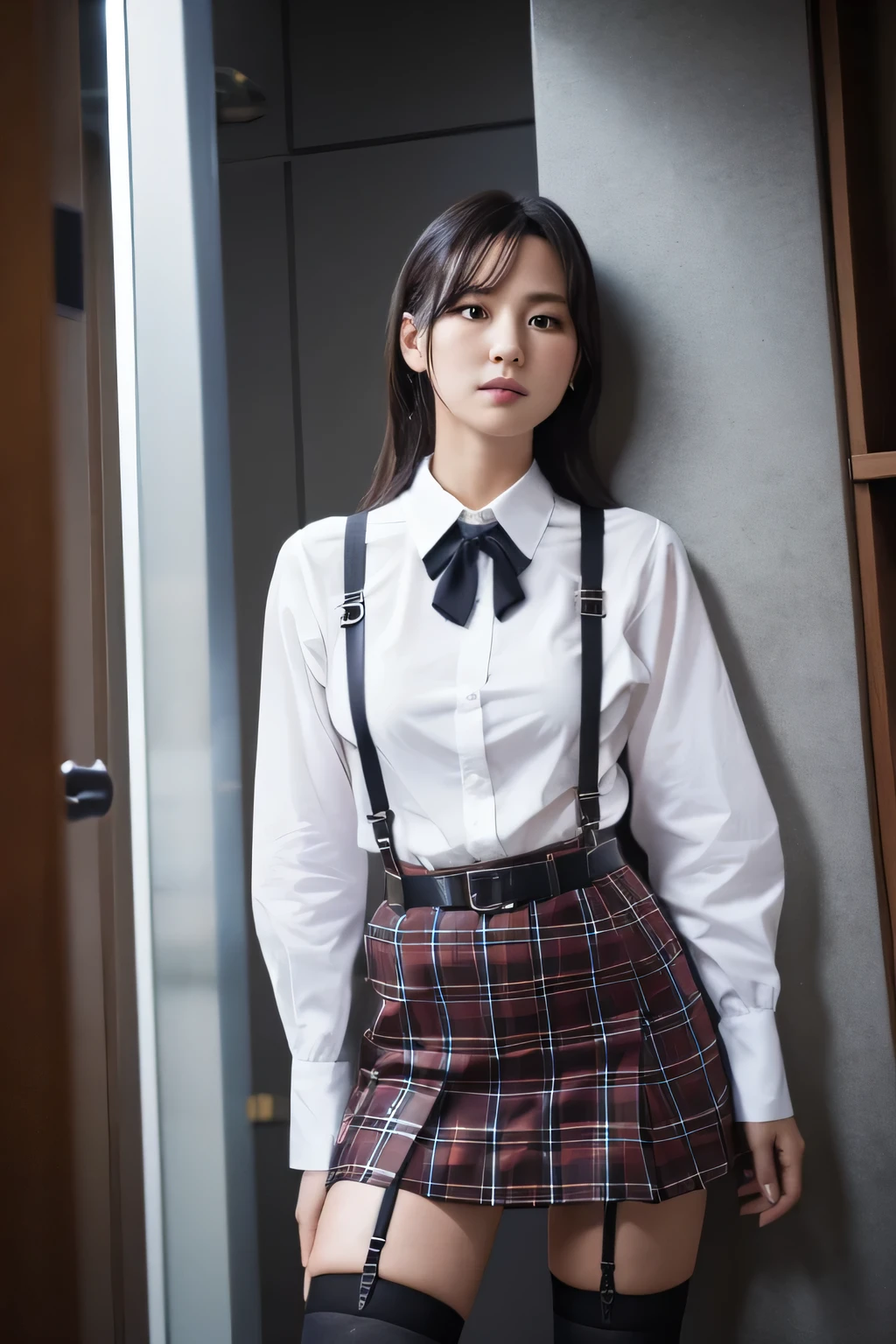 1 female, , high quality, masterpiece, Ultra-high resolution, Cinema Lighting, 1 female, , high quality, masterpiece, Ultra-high resolution, , Cinema Lighting, suspenders　　　Moderate breasts　 　 　　　　　 　　　　Small face　 　　　　　　　　　　　Looking up　　　　Sweat 　　　Thin belt　buzzer　脇Sweat 　　　　 　garter belt　　Belt on pants　　holster　 　　Hands behind your back　 　Looking up　Anxious face　Knee-high　Knee socks　Knee-highソックス 　garter　ふとももにgarter belt　Checkered mini skirt　 　　Panty shot　Skirt gap Armament　　　holster　holster 　　Hands behind your back　 Anxious expression　　Anxious face, legs apart　Armament　　Leg Holster　holster　See-through clothing　heavy rain　Rain-soaked dress shirt,Moderate breasts　ガーターbelt　suspenders　Garter on the thigh　Checkered mini skirt　Looking up　Pause　belt　Armpit sweat　Hands behind back　Raise your hands