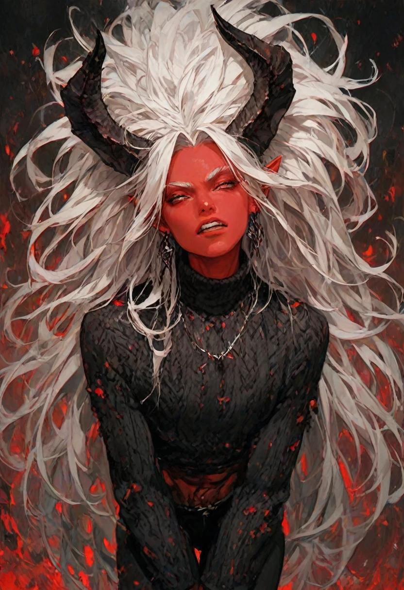 demon boy, red skin, tattered sweater, tattered black pants, Atheltic, t, hand above head, , hell back ground, black horns, demon horns, body , on knees, White hair,