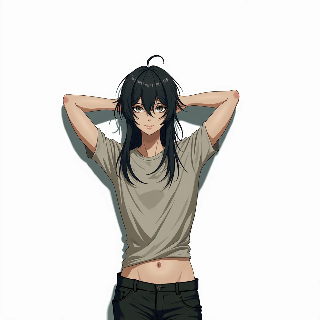 Guy long black hair,,grey eyes, Beautiful skinny body, Beautiful face, black raised t-shirt, black trousers, anime art, masterpiece, realistically,