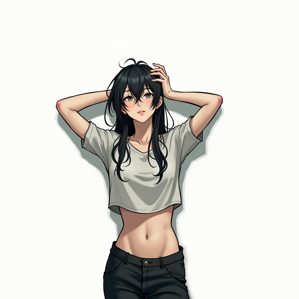 Guy long black hair,,grey eyes, Beautiful skinny body, Beautiful face, black raised t-shirt, black trousers, anime art, masterpiece, realistically,