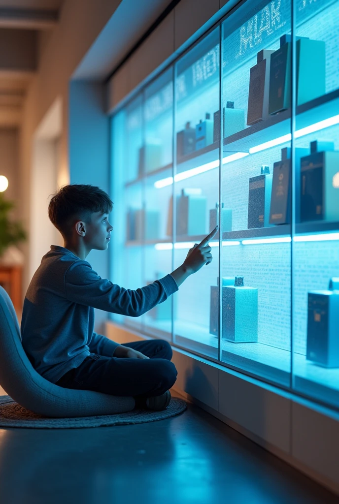Adult boy ordering something from big screen( e commerce)
Online shopping 