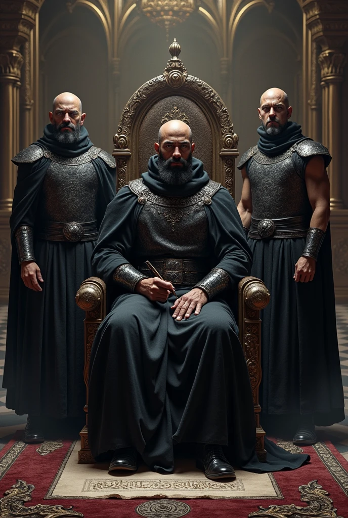 Baybars Khan sits on the throne in the Mamluk palace, dressed in black warrior attire. Behind him, he is writing something in Arabic and runic script.. Behind Baybars Khan are four muscular soldiers, also dressed in black warrior attire. They all have very fair skin, blue eyes, and slanted eyes.