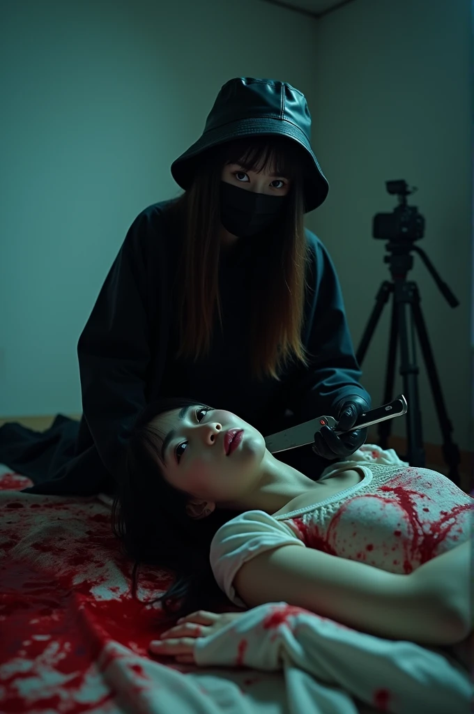 korean girl, (behind corpse, holding knife), black surgical mask, black gloves, room full of blood, black raincoat, bucket hat, holding knife, black gloves, woman on top, looking at viewer, behind corpse, blood splatter, on the bed, night, mass murderer, killer, long bangs, blood splatter, dark atmosphere, cinematic lighting, atmospheric realistic, close-up, tripod and camera in the back, shooting with camera