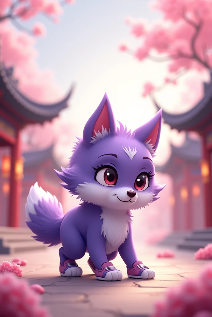 a purple wolf,cute,Wearing shoes,walking carefully,The expression is nervous,Move carefully,background chinese style,