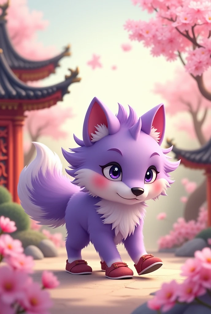 a purple wolf,cute,Wearing shoes,walking carefully,The expression is nervous,Move carefully,background chinese style,