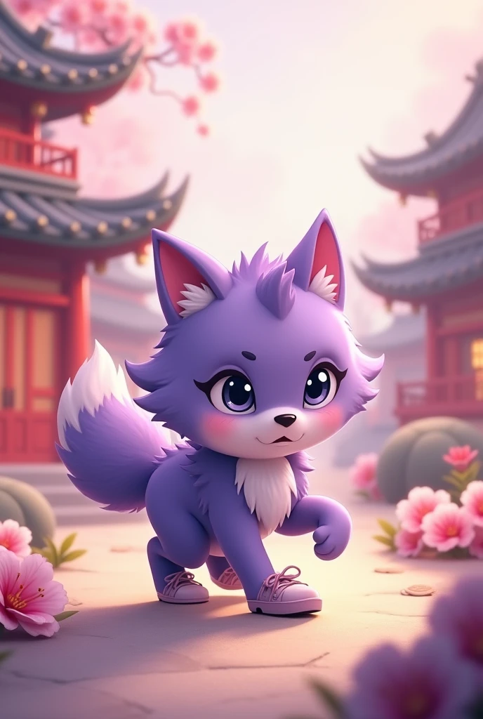 a purple wolf,cute,Wearing shoes,walking carefully,The expression is nervous,Move carefully,background chinese style,