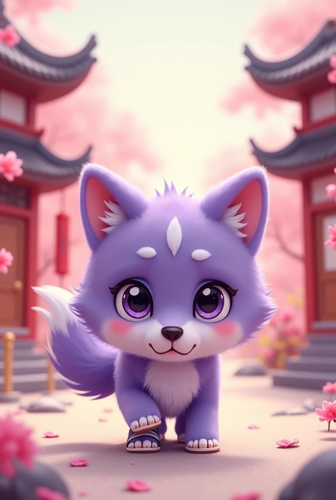 a purple wolf,cute,Wearing shoes,walking carefully,The expression is nervous,Move carefully,background chinese style,