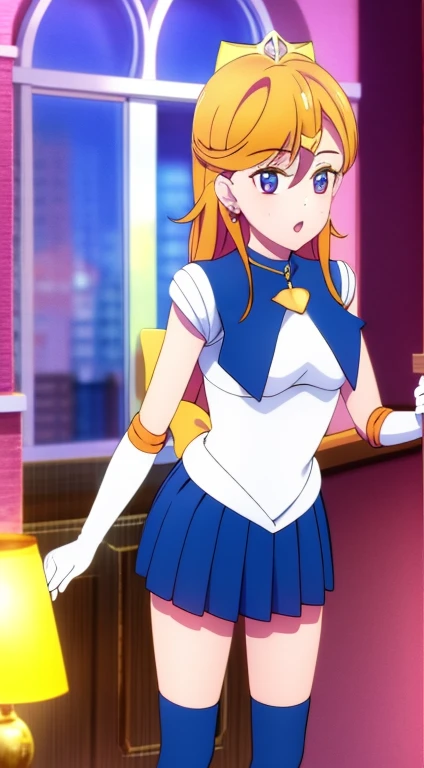 masterpiece, best quality, hight resolution, Mer1, tiara, Matrosen-Senshi-Uniform, blue skirt, blue sailor collar, tiara, arch, knee-high boots, 项链, white gloves, blue 项链, elarch gloves, jewellery, ear rings, pleated skirt, cowboy shot, cool
