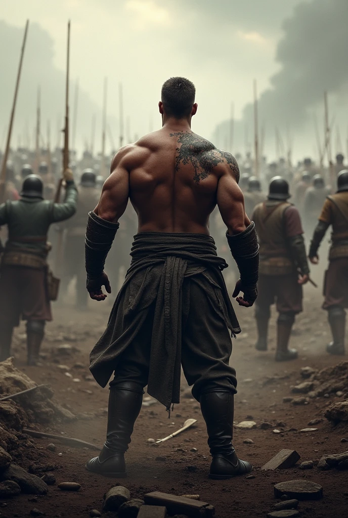 A muscular warrior with naked body standing in war land facing his back and warriors going to attack him from backside