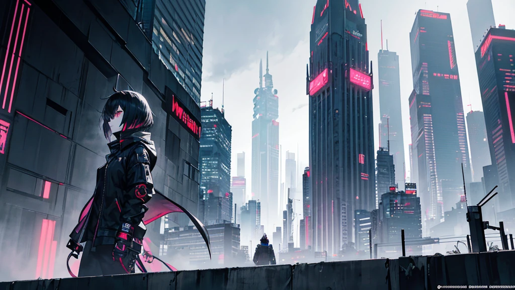 Anime characterCenter of cyberpunk cityBlack and whiteStylish, edgy lookHolding mysterious maskDynamic side profileShadowy skyscrapersIntricate cityscape detailsIntrigue and mysteryStark light and shadow contrastsDiverse crowd in backgroundActivities for livelinessMonochromatic cyberpunk aesthetic
