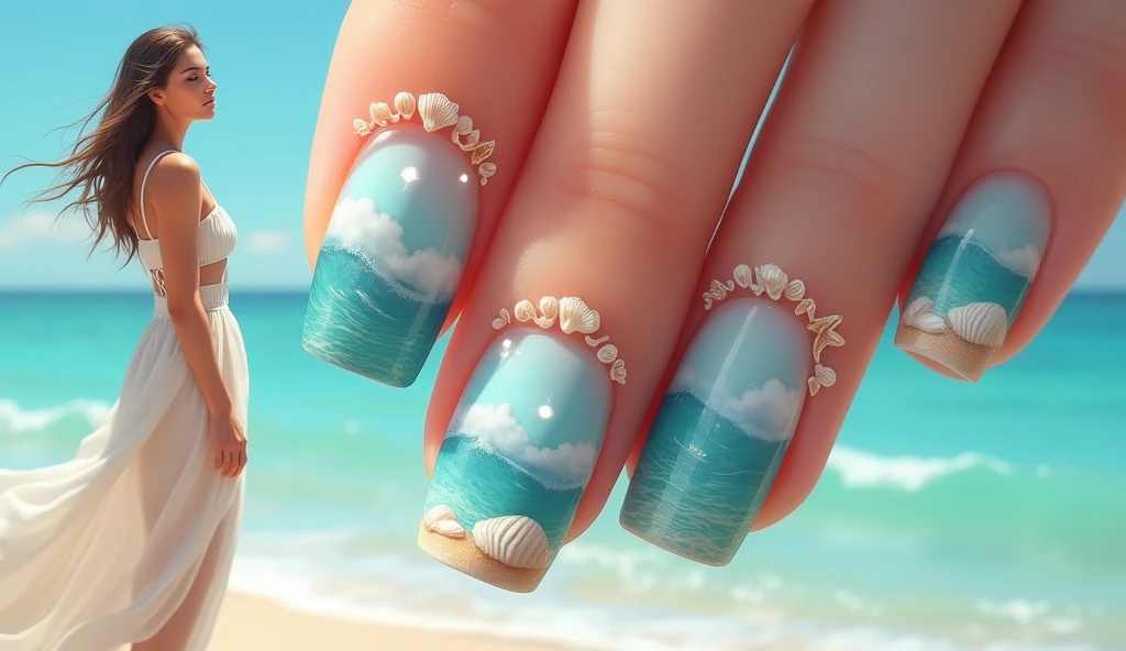 Oceanic Nail Art with a Beach Model: The nails feature a serene ocean scene with delicate waves, seashells, and subtle gradients of blue and turquoise. The background model, dressed in a light, beachy outfit with flowing fabrics and sun-kissed skin, stands on the left, providing the inspiration for the tranquil ocean theme. The calming tones of the nails reflect the beach vibe of the model’s outfit.






