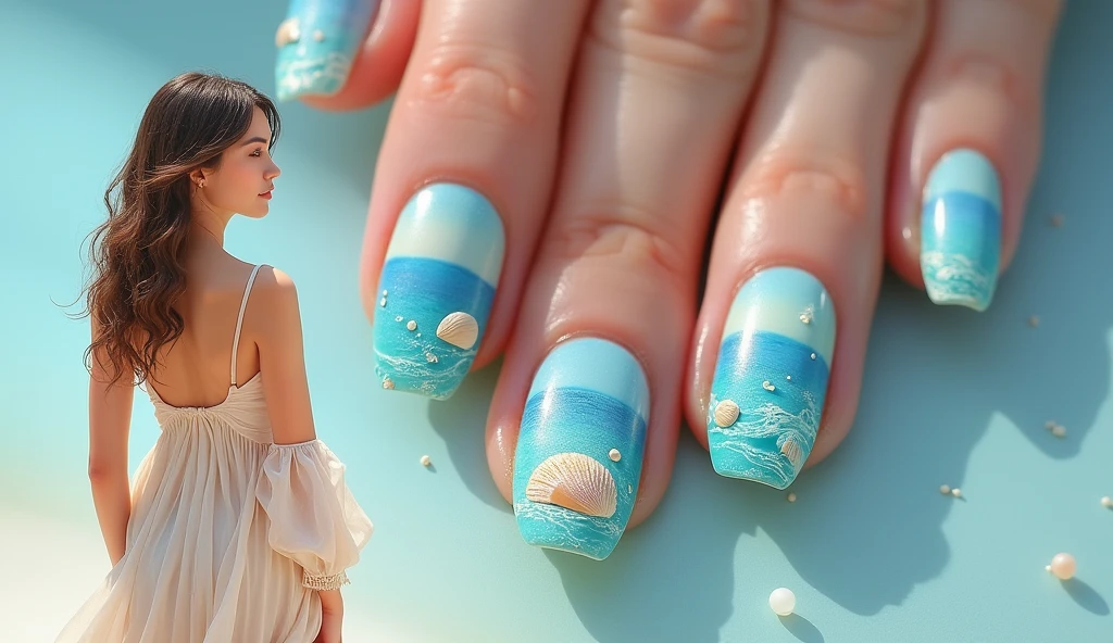 Oceanic Nail Art with a Beach Model: The nails feature a serene ocean scene with delicate waves, seashells, and subtle gradients of blue and turquoise. The background model, dressed in a light, beachy outfit with flowing fabrics and sun-kissed skin, stands on the left, providing the inspiration for the tranquil ocean theme. The calming tones of the nails reflect the beach vibe of the model’s outfit.






