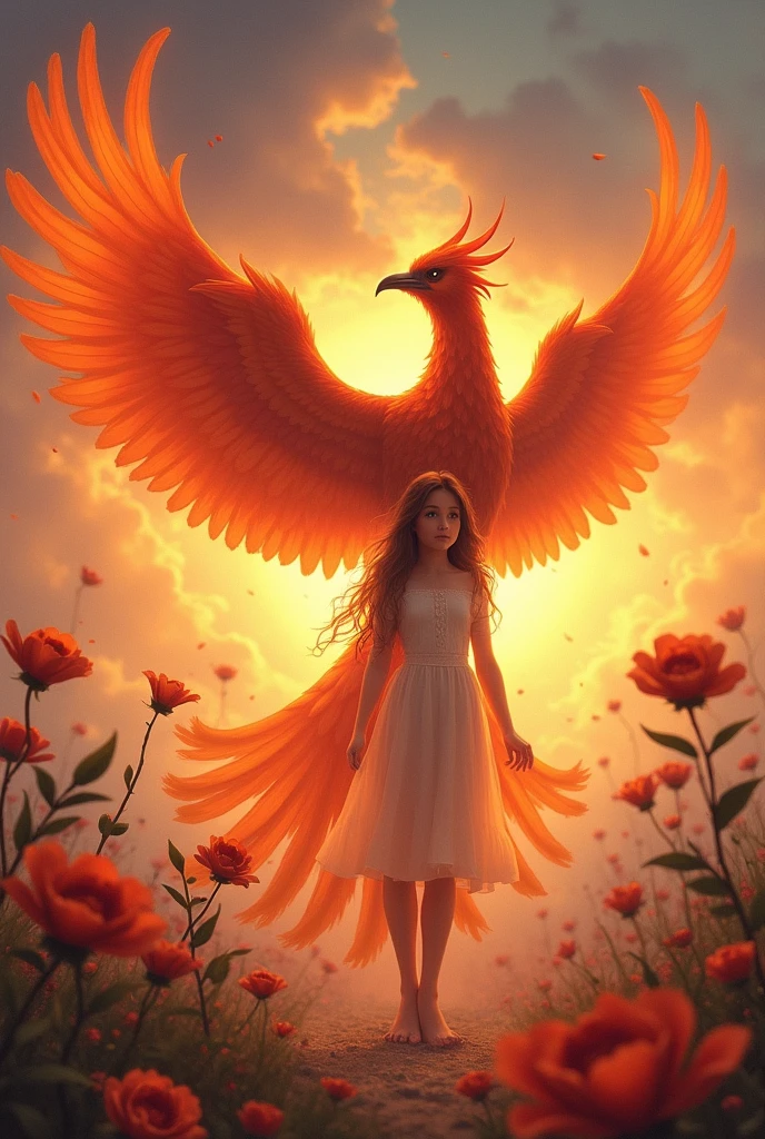 fantasy image of a phoenix bird rising from the ashes in a sunrise, flowers below growing, with its wings opened full front and the illusion of a girl also rising with the bird, girl most be looking to the camara